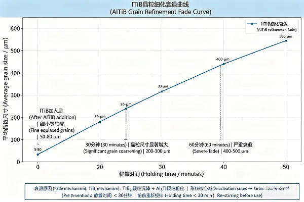 Chart showing grain size increase over time after AlTiB addition demonstrating fade effect