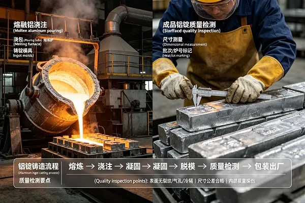 Aluminum ingot casting operation showing molten metal pouring and finished ingot quality inspection