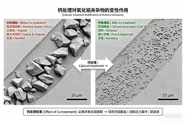 Globular calcium aluminate inclusions after CaSi treatment vs. angular alumina clusters