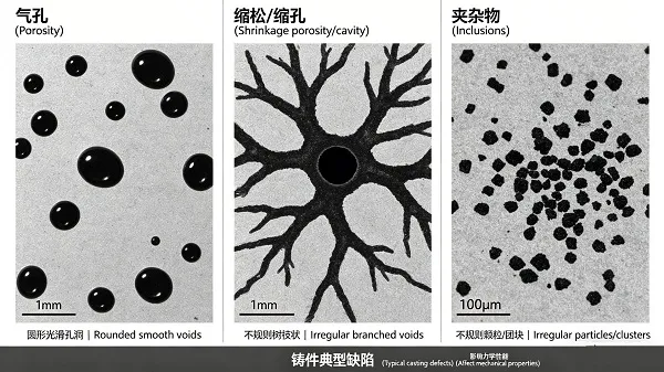 Cross-section of castings showing typical defect types: porosity, shrinkage, and inclusions