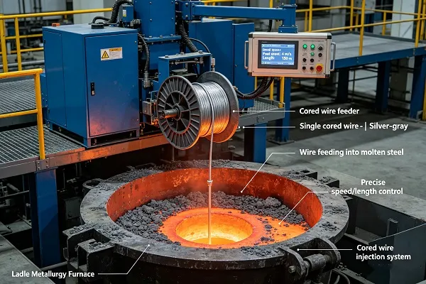 Cored wire injection system in ladle metallurgy furnace showing wire feeding into molten steel