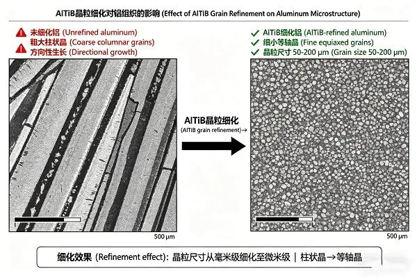 Micrograph comparison: coarse columnar grains (unrefined) vs fine equiaxed grains (AlTiB-refined) in aluminum