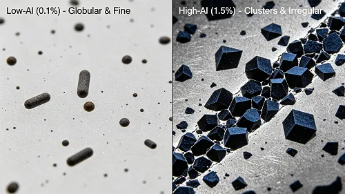 Micrograph showing inclusion morphology differences with low-Al vs high-Al ferro silicon deoxidation
