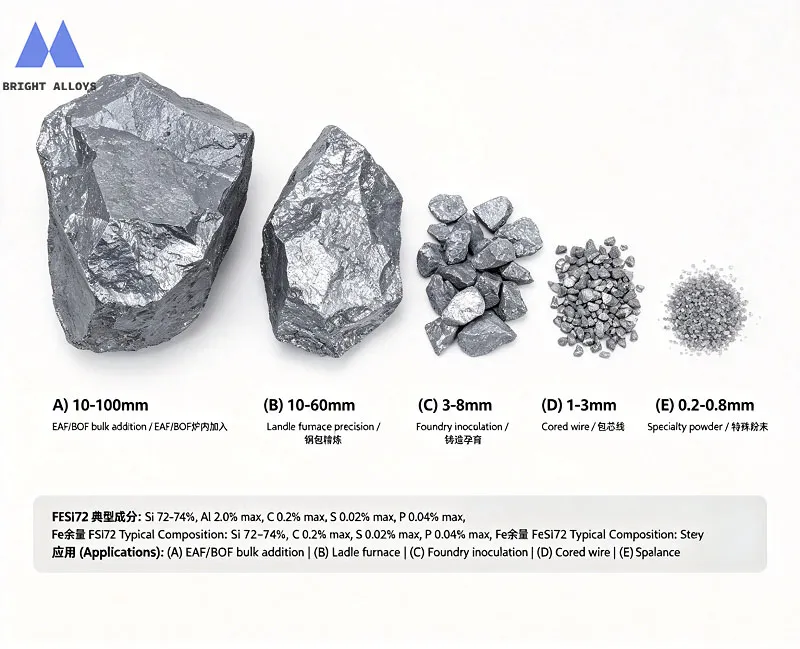 Visual comparison of five standard FeSi72 particle size fractions: 10-100mm, 10-60mm, 3-8mm, 1-3mm, and 0.2-0.8mm for steelmaking and foundry - Bright Alloys