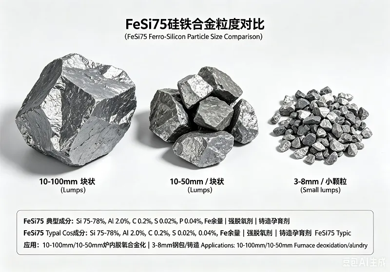 Visual comparison of 10-50mm, 10-100mm, and 3-8mm FeSi75 particle sizes - Bright Alloys