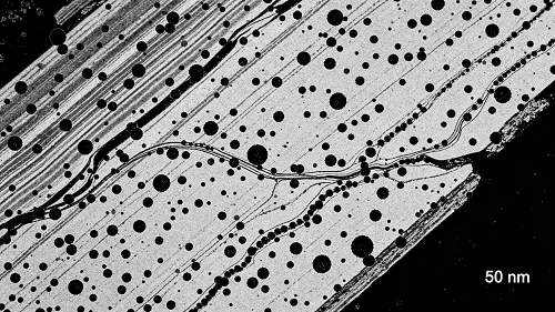 TEM micrograph showing fine niobium carbide precipitates in HSLA steel