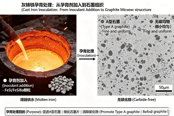 Cast iron inoculation process showing inoculant addition to molten iron and resulting graphite microstructure
