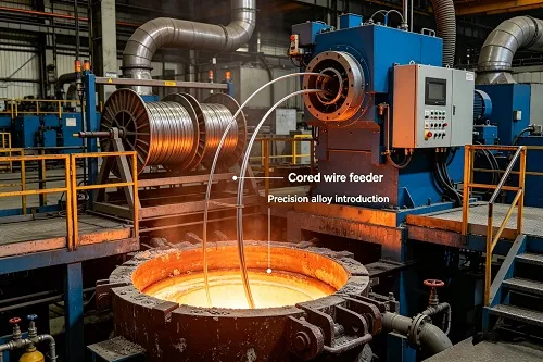 Industrial steel ladle with cored wire injection