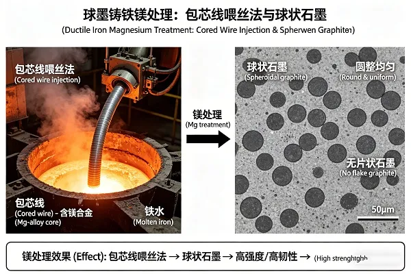 Magnesium treatment of ductile iron showing cored wire injection and resulting spheroidal graphite microstructure