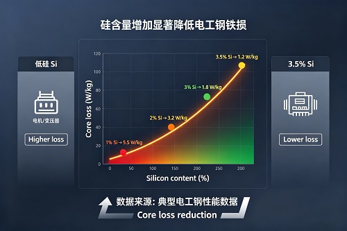 Grafik menunjukkan penurunan rugi inti dengan peningkatan kandungan silikon pada baja listrik - Bright Alloys