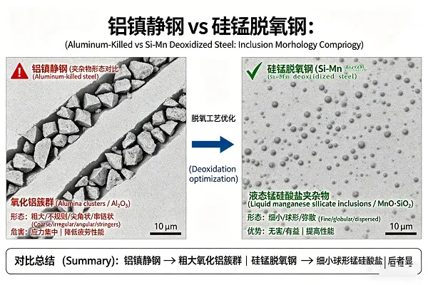 Comparison of alumina clusters vs. liquid manganese silicate inclusions