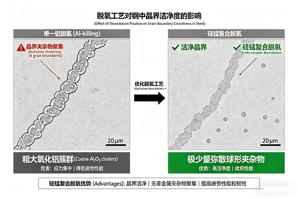 Microstructure of steel deoxidized with silicon-manganese alloy showing clean grain boundaries