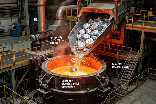 High-purity silicon metal addition to ladle for electrical steel production
