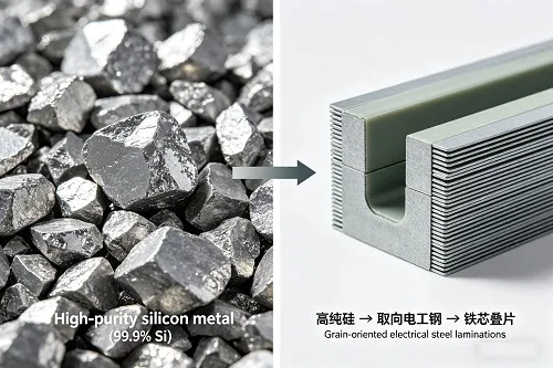 High-purity silicon metal and grain-oriented electrical steel core laminations