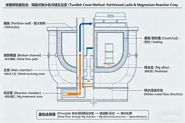 Diagram of tundish cover method showing partitioned ladle and magnesium reaction chamber