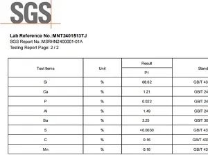 SGS certificate Si 68.62% Ba 3.25%
