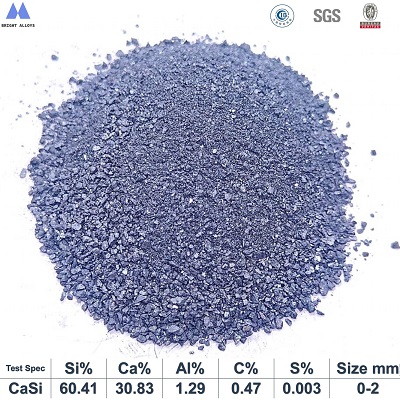 Calcium silicon powder 0-2mm particle appearance showing fine powder texture, dark gray color, metallic sheen, with chemical composition specifications table below