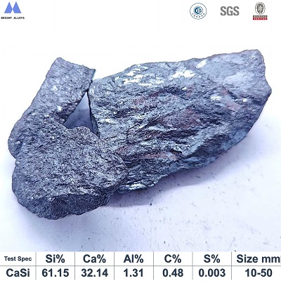 Calcium silicon Si60% Ca32% 10-50mm lump appearance showing metallic luster, silver-gray color, typical irregular lump shape, with chemical composition specifications table below