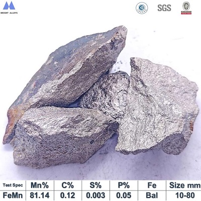 Close up appearance of low carbon ferro manganese 80% lump showing surface texture and shape