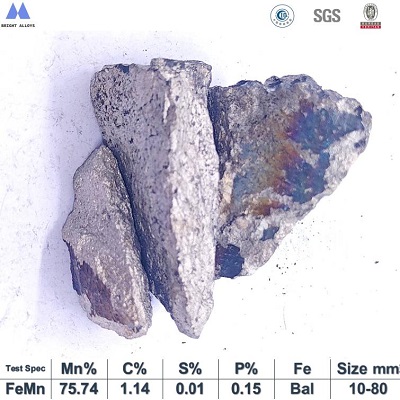 Close up appearance of mid-carbon ferro manganese 75% lump showing surface texture and shape