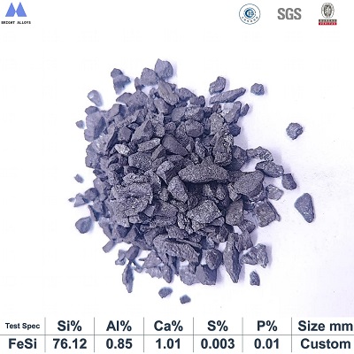 ferro silicon inoculant with silicon content 75% min,particle appearance showing fine particle texture, dark gray color and metallic sheen with specifications below
