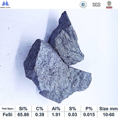 Ferro silicon 65% lump showing metallic luster, surface texture, typical 10-60mm lump shape, with specifications table below