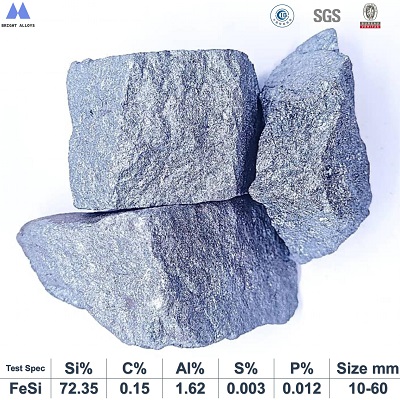 Ferro silicon 72% lump showing metallic luster,surface texture,typical lump shape,with specifications table below