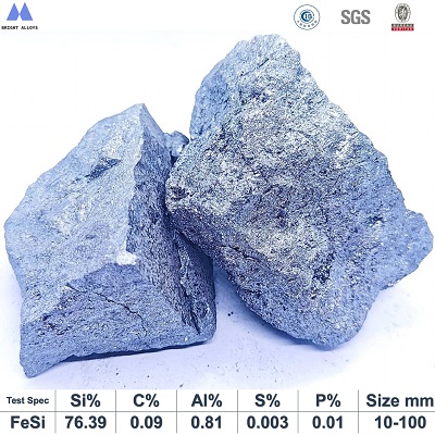 Ferro silicon 75% lump showing metallic luster, surface texture, typical lump shape, with specifications table below
