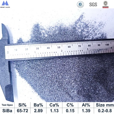 ferro silicon barium inoculant with barium content 2-4% size 0.2-0.8mm particle appearance showing fine particle texture, dark gray color and metallic sheen with specifications below