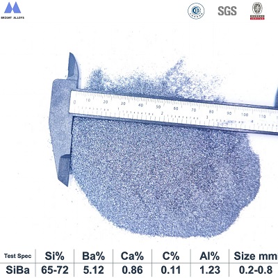 ferro silicon barium inoculant with barium content 4-6% size 0.2-0.8mm particle appearance showing fine particle texture, dark gray color and metallic sheen with specifications below