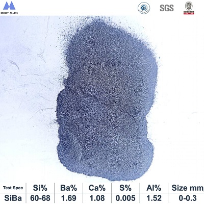 ferro silicon barium inoculant with barium content 4-6% size 0.2-0.8mm particle appearance showing fine particle texture, dark gray color and metallic sheen with specifications below