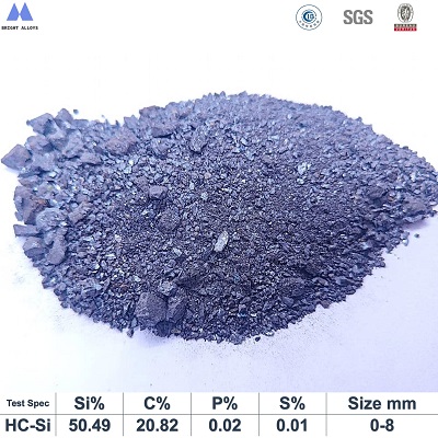 High carbon silicon powder grade 5020 (C50% Si20%) particle appearance showing fine black powder texture, dark gray to black color, with chemical composition specifications table below