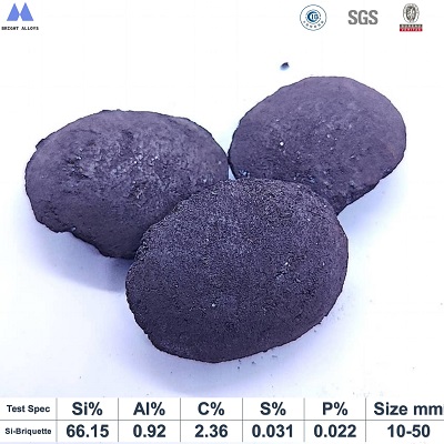 Silicon briquette 65% appearance showing typical pillow-shaped briquette, dark gray color, smooth surface texture,with chemical composition specifications table below