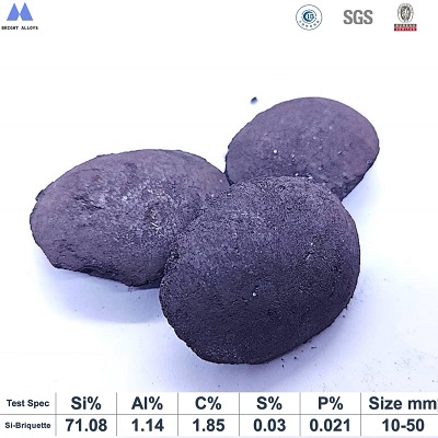 Silicon briquette 70% appearance showing typical pillow-shaped briquette, dark gray color, smooth surface texture,with chemical composition specifications table below