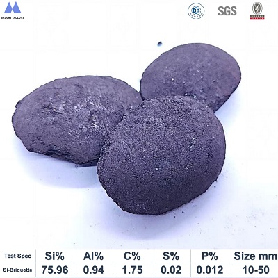 Silicon briquette 75% appearance showing typical pillow-shaped briquette, dark gray color, smooth surface texture,with chemical composition specifications table below