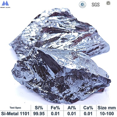 Silicon metal 1101 lump appearance showing metallic luster, silvery color, typical irregular lump shape,with chemical composition specifications table below