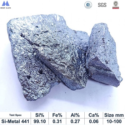 Silicon metal 441 lump appearance showing metallic luster, silver-gray color, typical irregular lump shape,with chemical composition specifications table below