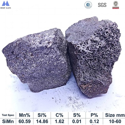Silicon manganese 60/14 grade (SiMn 6014) lump appearance showing metallic luster, silver-gray color, typical irregular lump shape, with chemical composition specifications table below