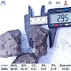 Silicon manganese 60/25 grade (SiMn 6025) lump size test with ruler showing particle dimensions, typical irregular lump shape, with chemical composition specifications table below, angle 1