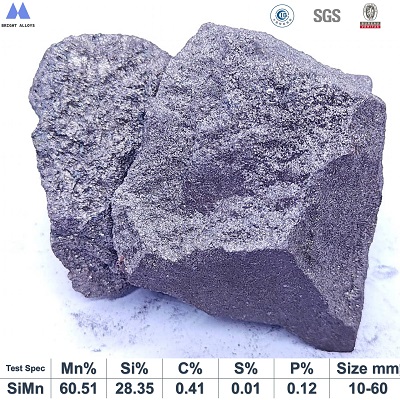 Silicon manganese 60/28 grade (SiMn 6028) lump appearance showing metallic luster, silver-gray color, typical irregular lump shape, with chemical composition specifications table below